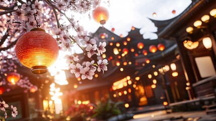 Obraz premium Chinese New year concept.A serene scene featuring cherry blossoms and glowing lanterns, set against traditional architecture during sunset.