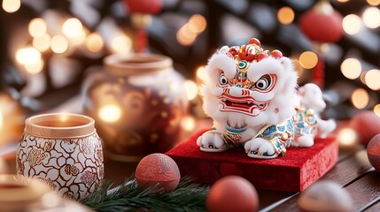 Fototapeta premium Chinese New year concept.A vibrant decorative lion figurine sits on a red base surrounded by festive ornaments and soft lights, symbolizing prosperity and good luck.