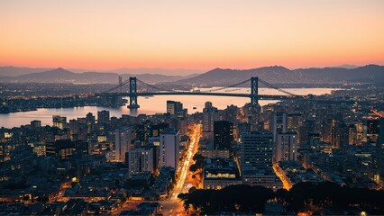Naklejka premium Generative AI, Sprawling Urban Skyline with a Suspension Bridge at Sunset