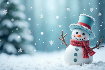 Obraz premium Cheerful snowman in a winter wonderland with falling snowflakes