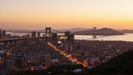 Fototapeta premium Generative AI, Sprawling Urban Skyline with a Suspension Bridge at Sunset