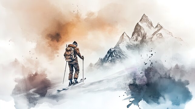 Vintage Skiing Adventure: A Historical Scene of a Skier with Backpack on Snow-Covered Slopes, Perfect for a Sporty Interior Poster Featuring Rugged Peaks in Sepia Tones