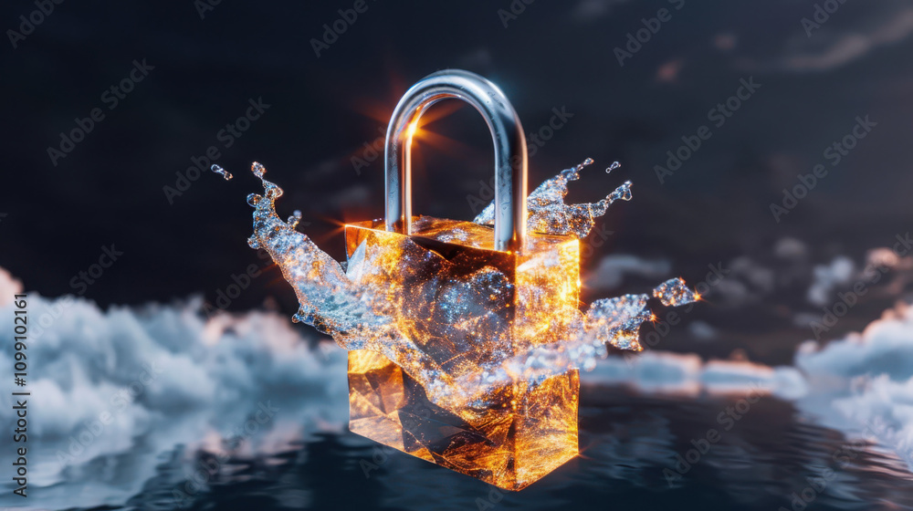 Poster enhancing cloud storage security protecting data with a digital padlock concept in a virtual environ