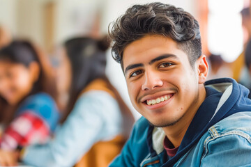 Fototapeta premium Latino male college student sitting a classroom smiling, student study in class, with copy space.