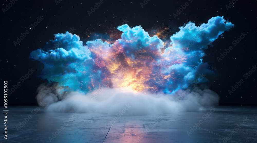 Poster cloudshaped computer server emitting holographic data cloud in a futuristic environment with dynamic