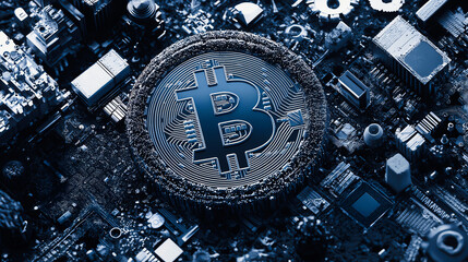 Bitcoin symbol on a circuit board, representing blockchain technology and digital currency innovations in a tech-inspired design.