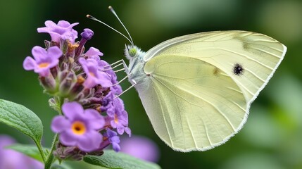 Delicate White Butterfly Feeding on Vibrant Purple Flower Petals