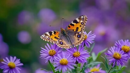 Obraz premium Butterfly on Purple Flowers in a Vibrant Natural Setting