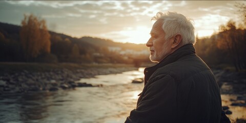 Fototapeta premium Man by River at Sunset