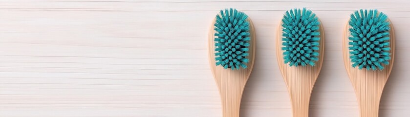 Three eco-friendly toothbrushes with vibrant blue bristles lie on a light wooden surface, highlighting sustainable oral hygiene.