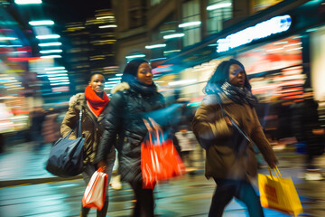 Midnight Black Friday shopping spree, with shoppers wielding shopping bags