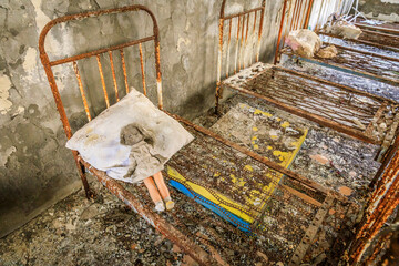 Eastern Europe, Ukraine, Pripyat, Chernobyl. Toys and beds in the dormitory of the kindergarten.