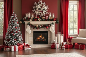 Fototapeta premium Christmas tree and white garland with red and gold decorations above fireplace, candles, gift boxes, and cozy red curtains