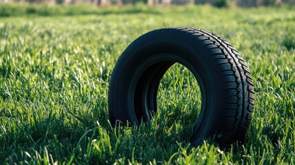 Obraz premium Black Tire on Green Grass with Natural Background and Sunlight