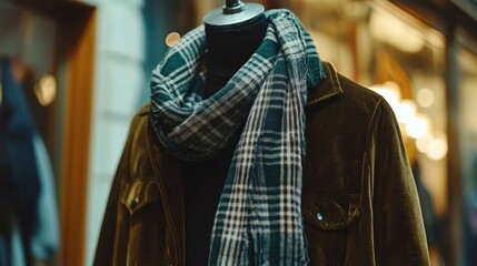 Fototapeta premium Stylish and Cozy Outfit Display Featuring a Checkered Scarf and Elegant Brown Jacket in a Warm Urban Atmosphere with Beautiful Background Bokeh Lights