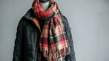 Obraz premium Cozy Winter Outfit with Quilted Jacket and Stylish Flannel Scarf Perfect for Seasonal Fashion and Layering in Cold Weather