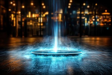 Obraz premium A glowing, circular portal emits a misty light in a dimly lit environment, creating a mystical and enchanting atmosphere.