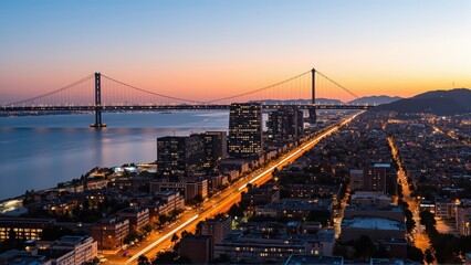 Obraz premium Generative AI, Sprawling Urban Skyline with a Suspension Bridge at Sunset
