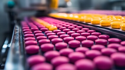 Obraz premium Rows of pink and yellow tablets are neatly aligned on a conveyor belt in a factory setting, highlighting the precision and efficiency of the production process.
