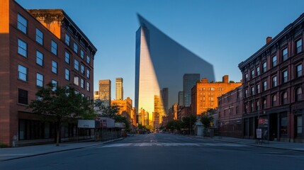 Obraz premium A city street at dawn with a tall building casting a long shadow.
