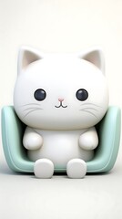 A cute, cartoon-style white cat sitting in a light blue chair.