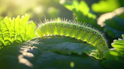 Fototapeta premium Green Caterpillar on Leaf with Sunlight in Background and Texture