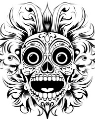 Fototapeta premium A black and white drawing of a skull with a mouth open and eyes wide open. The skull is surrounded by a flowery design