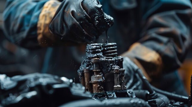 A mechanic repairing a car engine, holding a piston with carbon deposits, showcasing the intricate work involved in automotive maintenance.