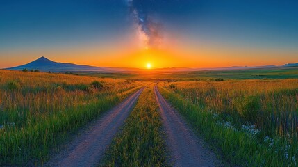 A serene landscape at sunset with a dirt road leading through vibrant fields.
