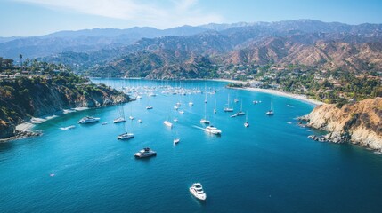 Fototapeta premium A scenic coastal view featuring boats in a serene bay surrounded by mountains.