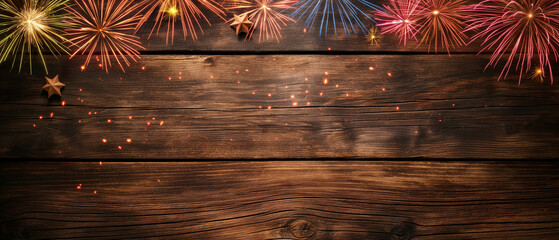 Fototapeta premium Festive Fireworks Celebration on Rustic Wooden Background