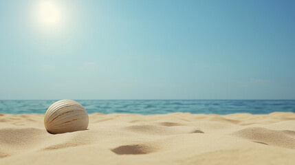 Obraz premium Coconut on the Shore: A solitary coconut rests on the pristine white sand, bathed in the warm glow of a summer sun. The azure sky and sparkling ocean create a serene backdrop.