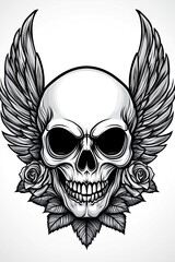 Obraz premium A skull with wings and roses surrounding it. The skull is black and white and the roses are red. Scene is dark and mysterious