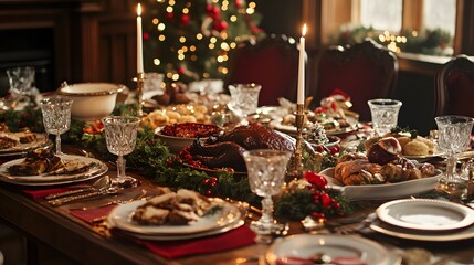 Festive Christmas Dinner Table Setting With Roasted Turkey