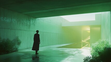 Obraz premium A solitary figure stands in a minimalist green building, bathed in soft light. The serene atmosphere and modern architecture create a contemplative mood.