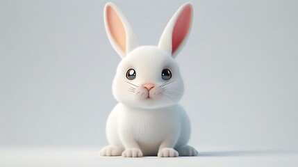 Fototapeta premium A cute, stylized white rabbit with big eyes and floppy ears, sitting on a plain background.