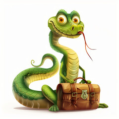 Funny cartoon snake with a suitcase is ready to travel, on white background 