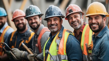Group of Diverse Construction Workers Smiling Together at a Job Site Wearing Hard Hats and Safety Vests, Demonstrating Team Spirit and Camaraderie