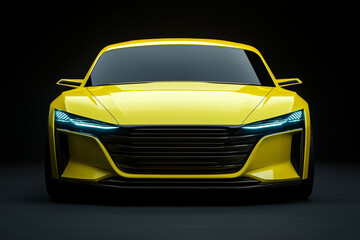 front view of a yellow futuristic electric sports car isolated on a dark background