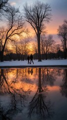 A serene sunset scene with silhouetted figures walking by a reflective pool in a snowy park.
