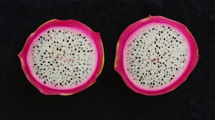 A vibrant dragonfruit sliced in half, showing its bright pink skin and speckled white interior. 