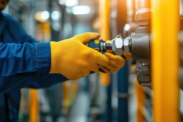 A worker in yellow gloves tightens a valve in an industrial setting, highlighting hands-on maintenance in a mechanical environment.