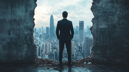 businessman stands with his back to the camera, facing a shattered glass window, symbolizing career setbacks, obstacles, and the courage to face adversity with determination and resilience