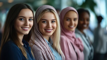 Fototapeta premium Diverse group of women smiling together in a modern setting, showcasing friendship, unity, and cultural diversity with elegant headscarves and joyful expressions