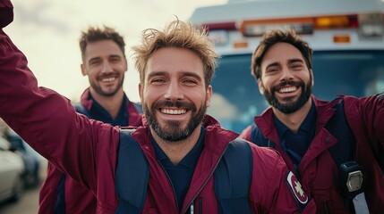Cheerful emergency medical technicians celebrating teamwork and success in vibrant uniforms with an ambulance in the background during a sunny day