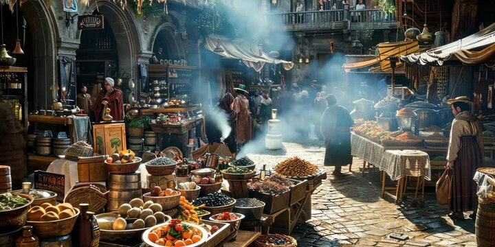 Sorcerer's elixir market in a bustling marketplace, 4K Video