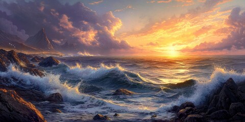 Fototapeta premium A rugged shoreline with waves crashing against jagged rocks. The first rays of sunlight peek over the horizon, illuminating sea foam and tidal pools