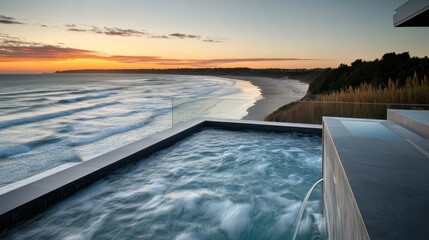 Obraz premium A luxurious hot tub overlooking a serene beach at sunset.