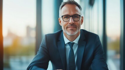 Fototapeta premium Confident Businessman in Suit at Office with Warm Lighting and Urban View, Professional Portrait in Modern Workspace