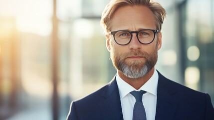 Fototapeta premium Confident businessman with glasses standing outdoors in modern office building, looking at camera, wearing suit, and displaying professional attitude